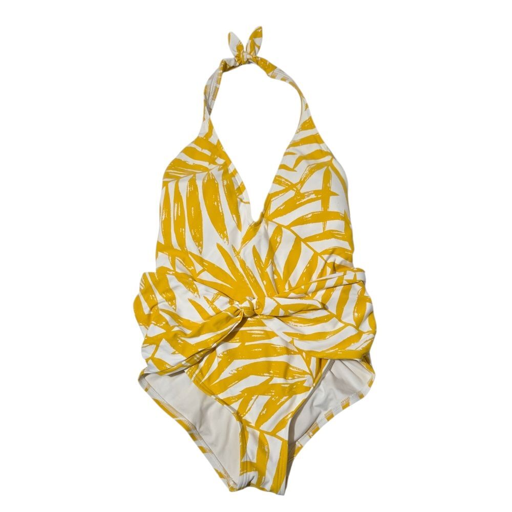 Carmen Marc Valvo Yellow Palm Leaf-Print Halter One-Piece with Front Bow